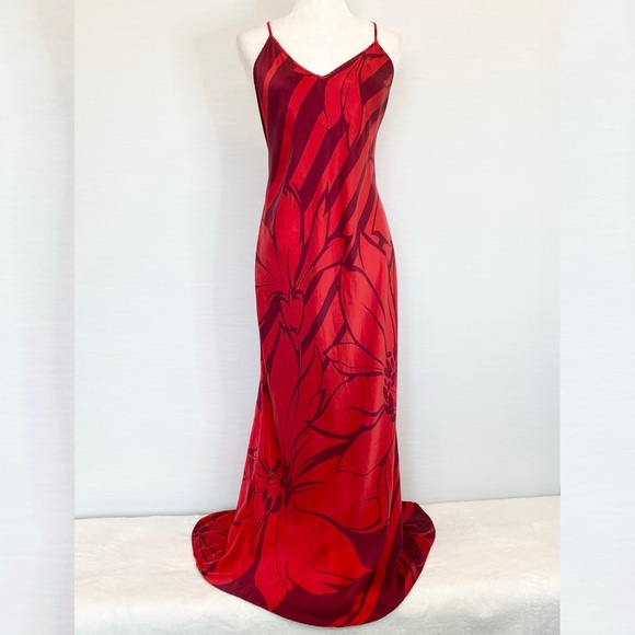 Y2K Victoria’s Secret Silk Bold Red Floral Maxi Gown Vintage Halter Slip Dress - Picture 8 of 11